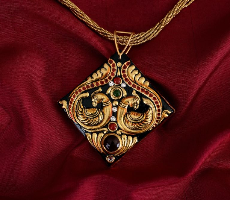Tanjore Pendant Diamond Double Peacock with gold leaf
