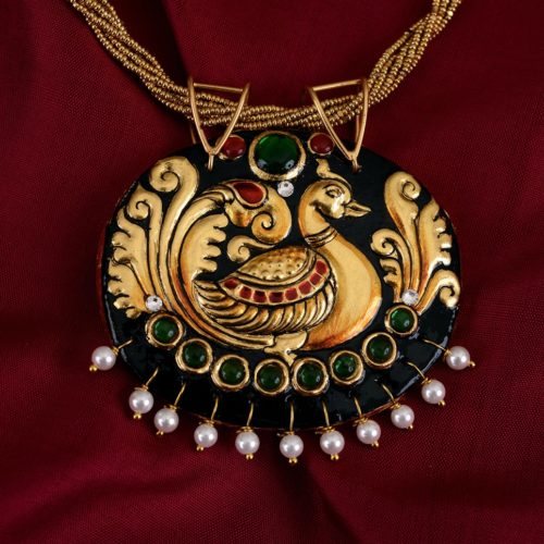 exquisite-tanjore-paintinglike-pendant-weavemaya-Bangalore-India-Maya-peacock-oval-pearl-drops