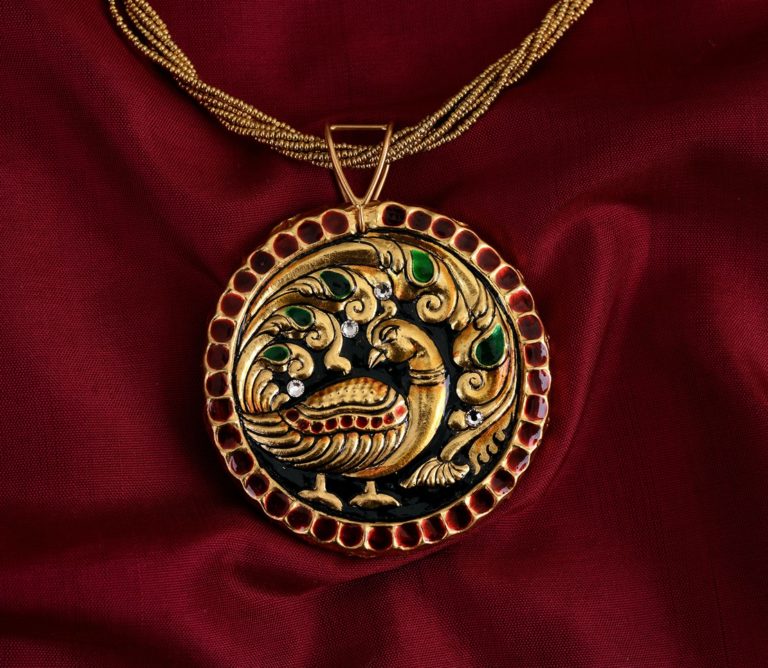 Tanjore Pendant Round Peacock with Red Stones alround