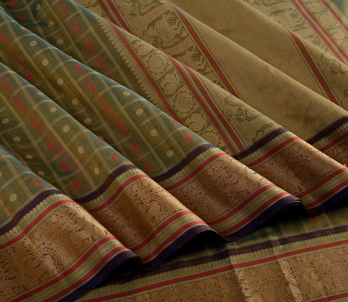 Elegant Kanchi Silkcotton Threadwork Ayiram Butta Mishratantu Weavemaya Bangalore India Maya Dull Green 1622042 4