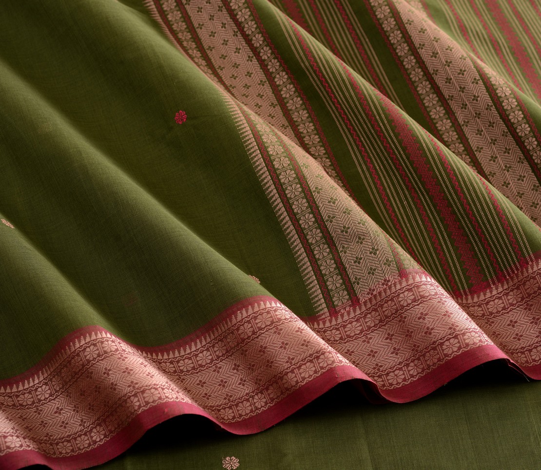 Elegant Kanchi Cotton Parutti Butta Small Border Weavemaya Bangalore India Maya Military Green 8122059 3