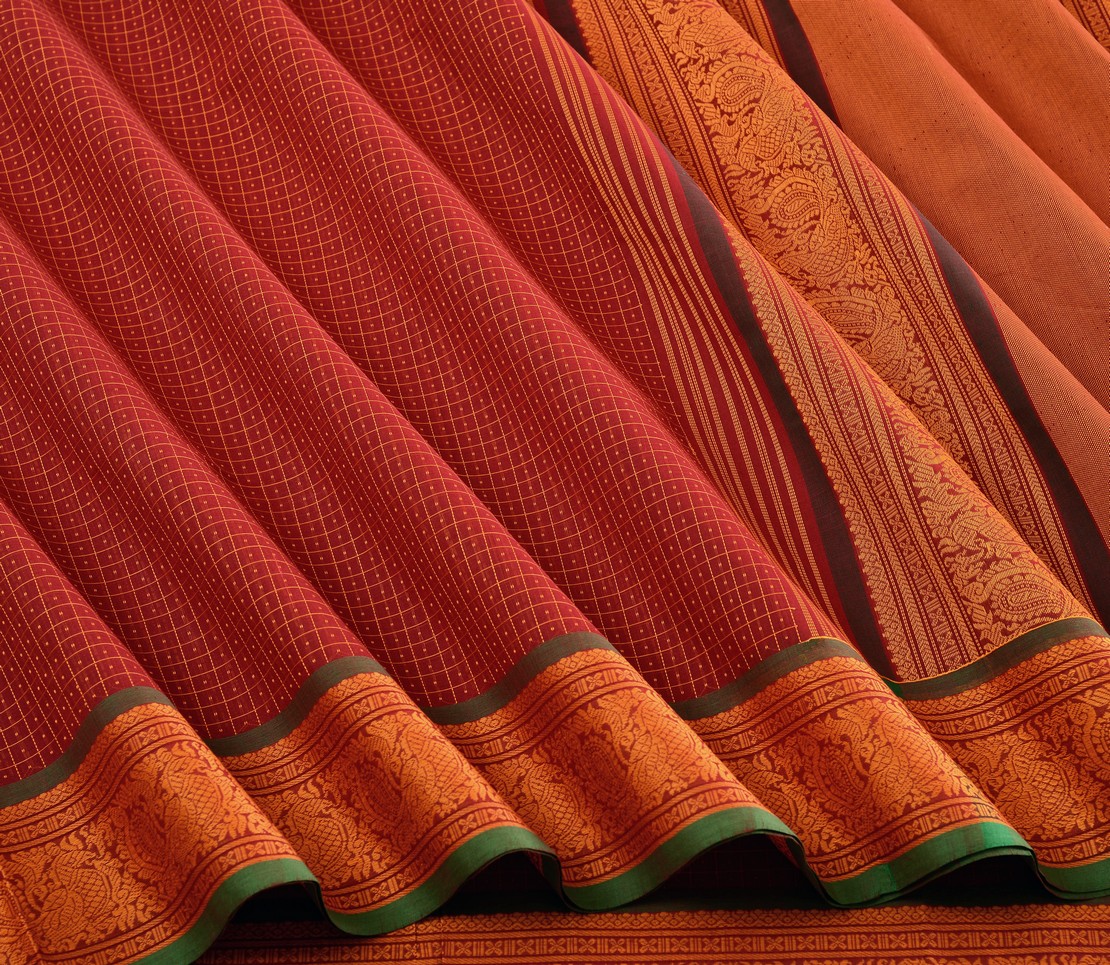 Elegant Kanchi Cotton Parutti Small Border Lakshadeepam Weavemaya Bangalore India Maya Kumkumam Red 30002308 3