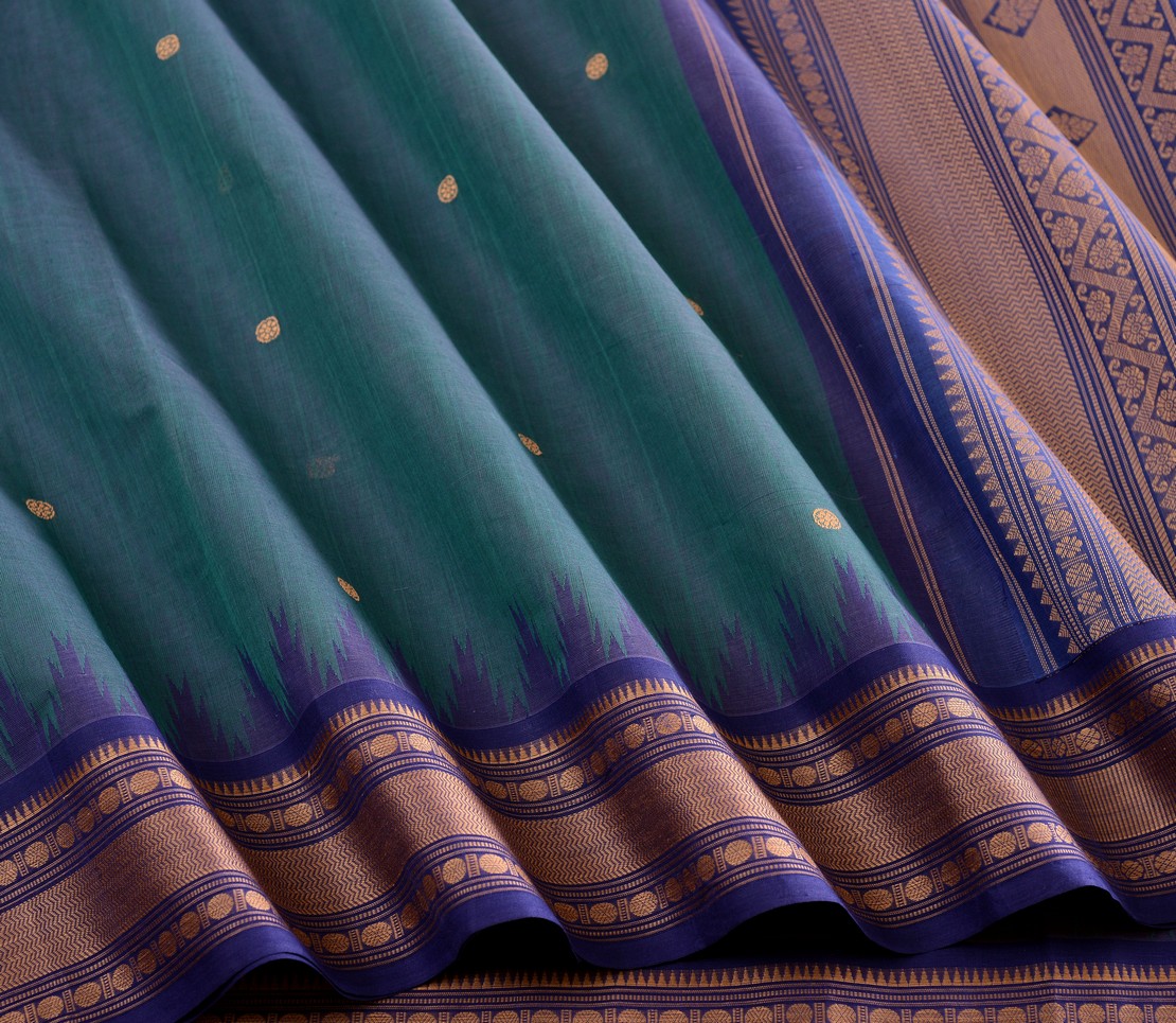 Elegant Kanchi Cotton Parutti Butta Korvai Temple Border Weavemaya Bangalore India Maya Peacock Blue 1032307 4