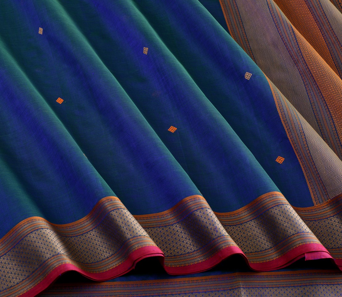 Elegant Kanchi Silkcotton Mishratantu Threadwork Butta Weavemaya Bangalore India Maya Peacock Blue 3022306 3