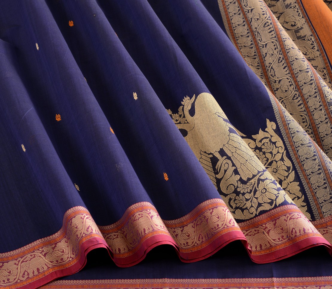 Elegant Kanchi Cotton Parutti Gandaberunda Weavemaya Bangalore India Maya Navy Blue 30002326 4