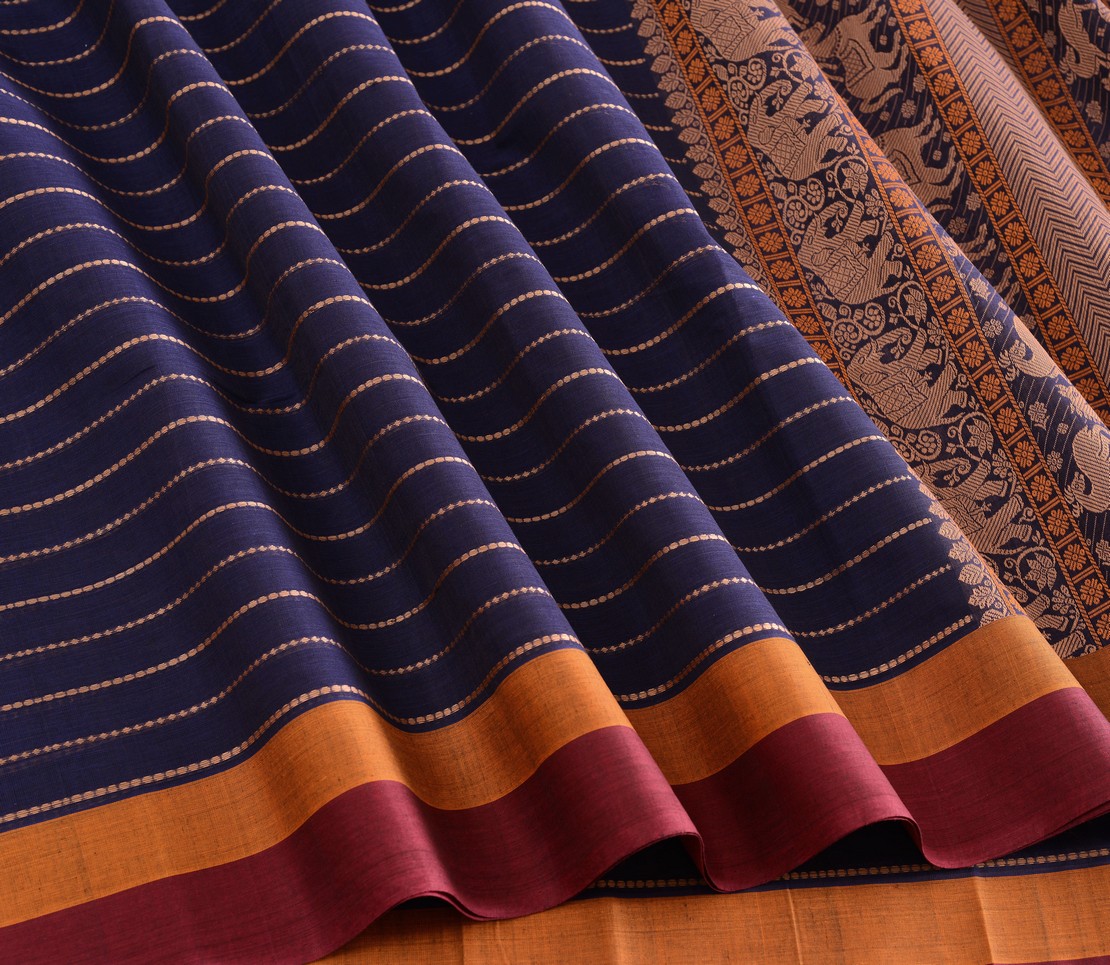 Elegant Kanchi Cotton Parutti Horizontal Lines Weavemaya Bangalore India Maya navy Blue 30002349 4